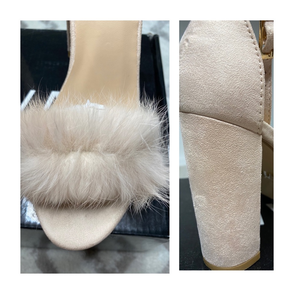 Rose Blush Heels . Ankle strap . Furry accents